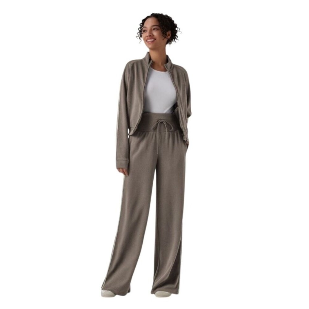 Halara Womens S Ribbed Stand Collar Jacket & Pants Wide Leg Set Taupe Stripe NWT